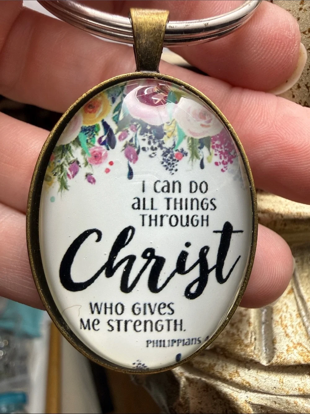 Floral 'Christ' Inspirational Keychain Pendant - Gold Tone BEAUTIFUL PIECE